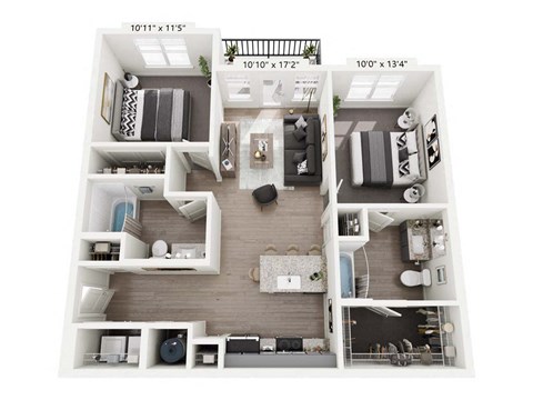 Floor plan for 2 beds, 2 baths, 991 sqft